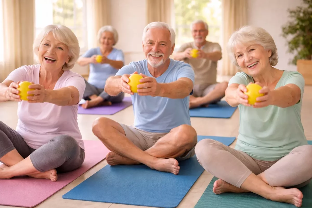 Seniorinnen und Senioren sitzen auf Matten und machen gemeinsam sanfte Fitnessübungen mit gelben Bällen