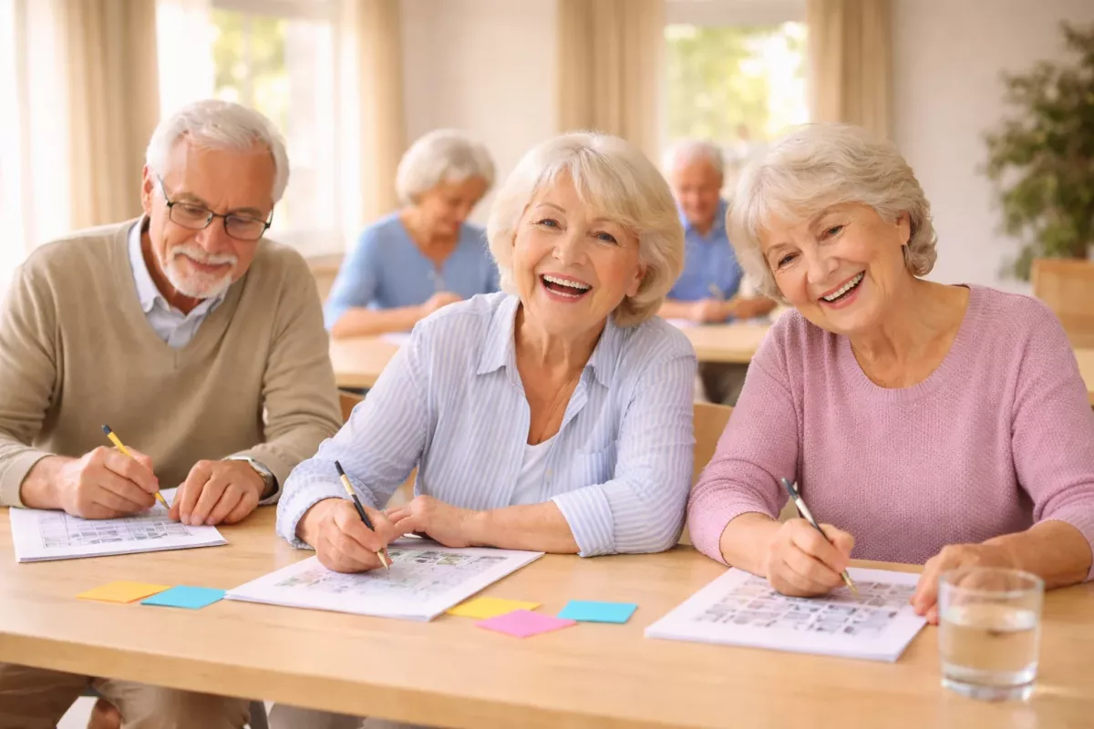 Seniorinnen und Senioren bearbeiten gemeinsam Übungen in einem Gehirnfit-Kurs an einem Tisch