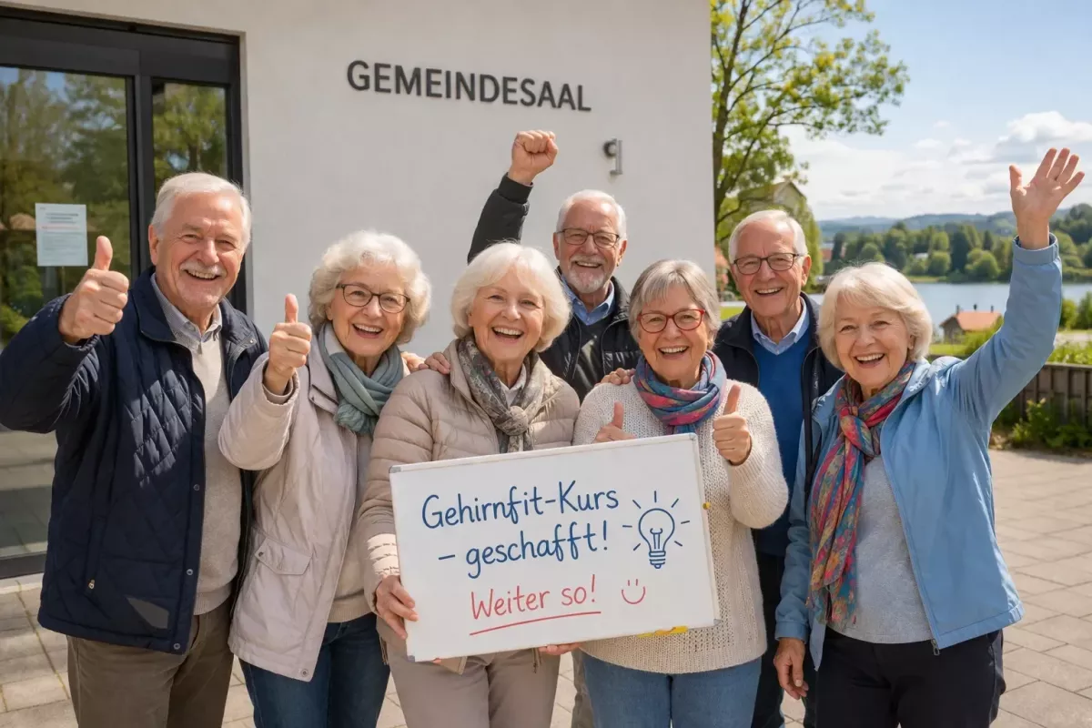 Fröhliche Seniorengruppe vor einem Gemeindesaal mit Schild nach erfolgreich abgeschlossenem Gehirnfit-Kurs