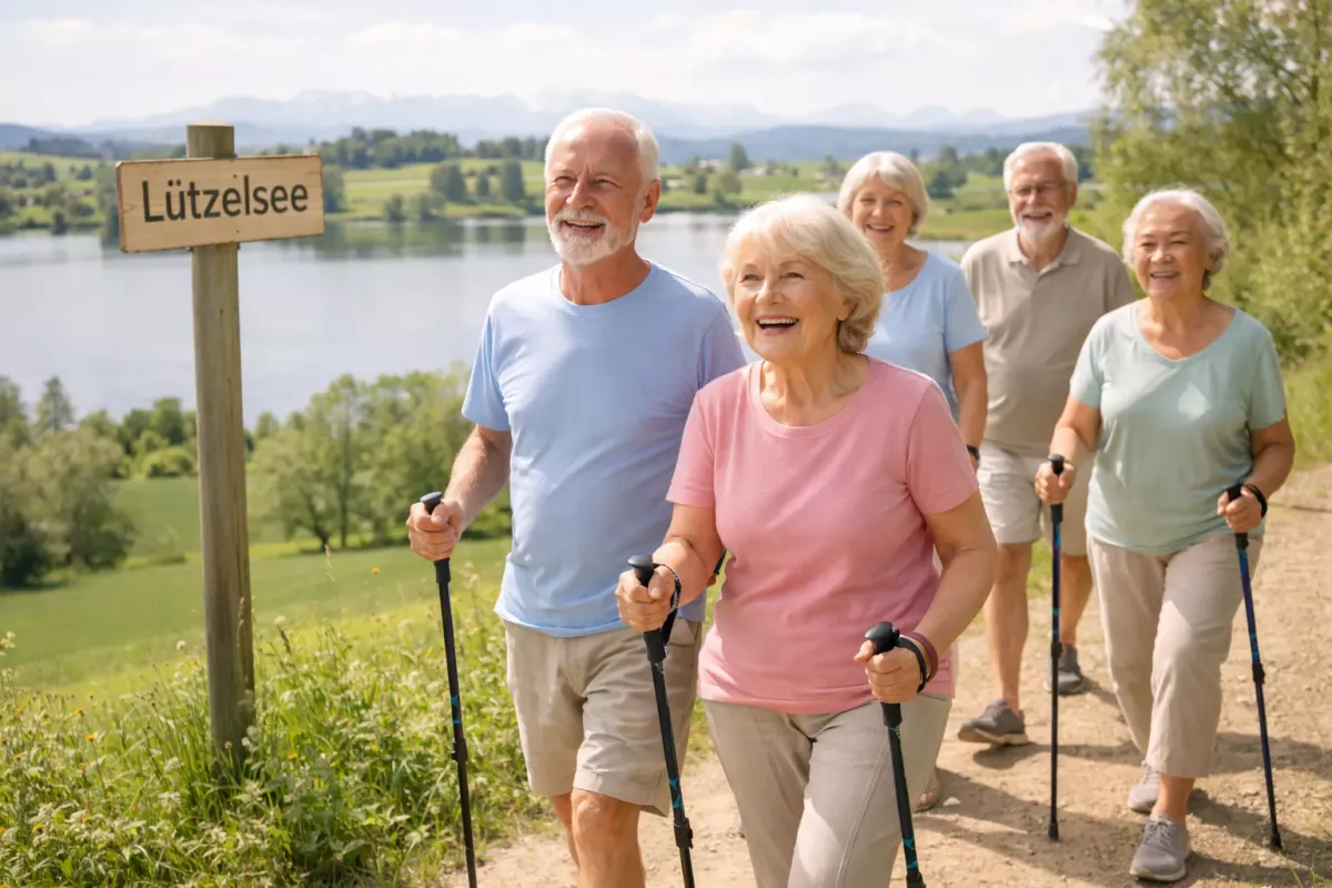 Seniorinnen und Senioren wandern mit Stöcken auf einem Weg am Lützelsee in schöner Natur