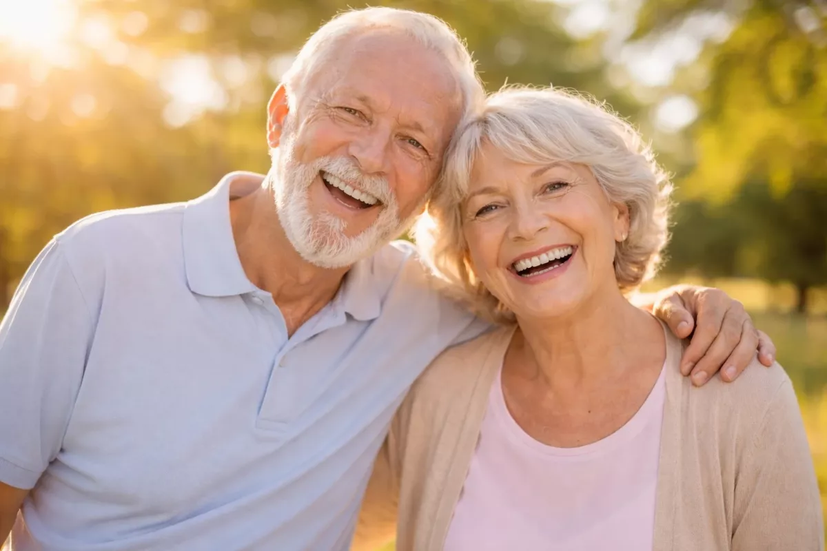 Lächelndes älteres Paar im Freien bei sonnigem Wetter als Symbol für aktives und gesundes Altern
